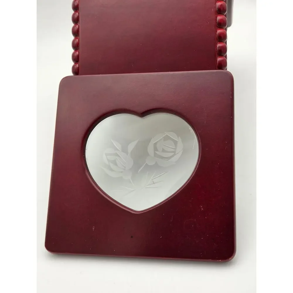Vintage 1990s Wooden Jewelry Box Etched Glass Rose Heart Chery Wood